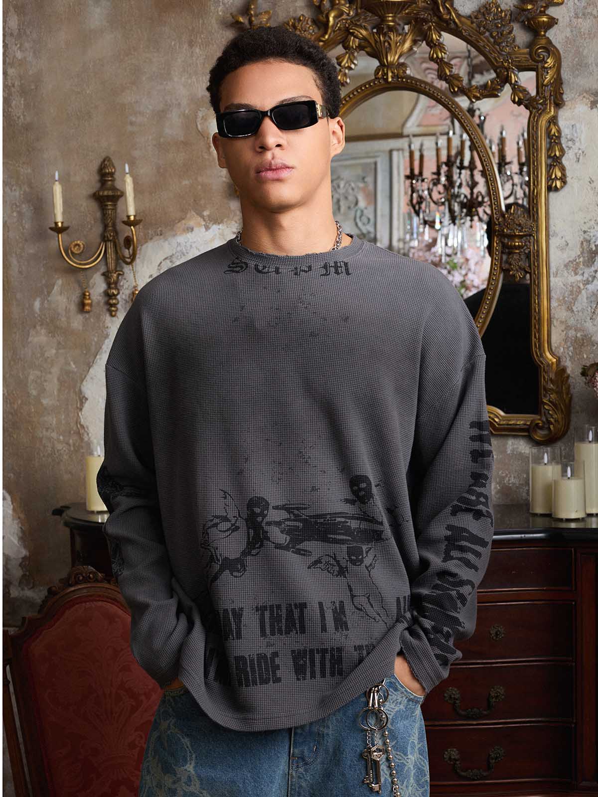 Waffle-Knit Distressed Gradient Print Long T-Shirt - Image 4