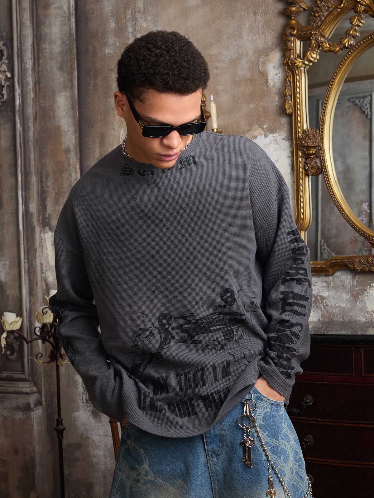 Waffle-Knit Distressed Gradient Print Long T-Shirt - Image 5