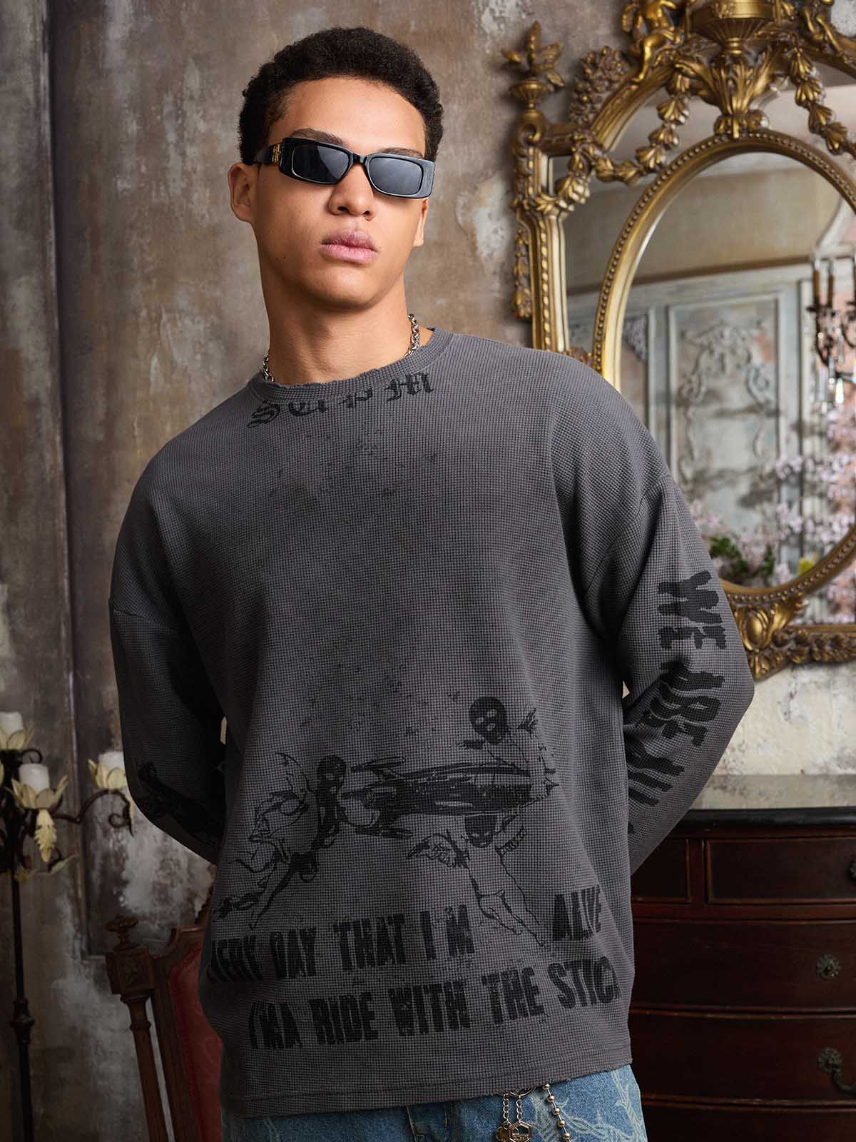 Waffle-Knit Distressed Gradient Print Long T-Shirt - Image 8