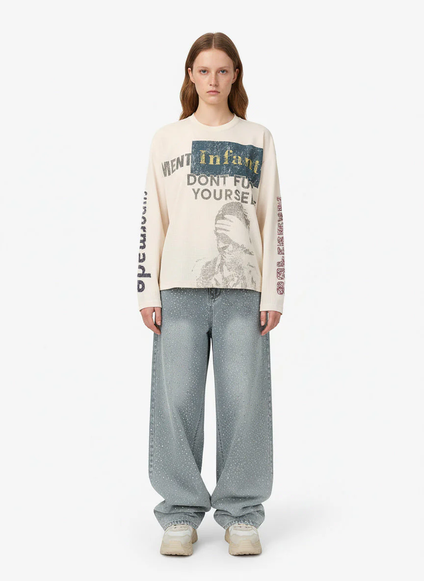 Waffle Knit Graphic Print Crewneck Sweatshirt - 2496 - Image 2