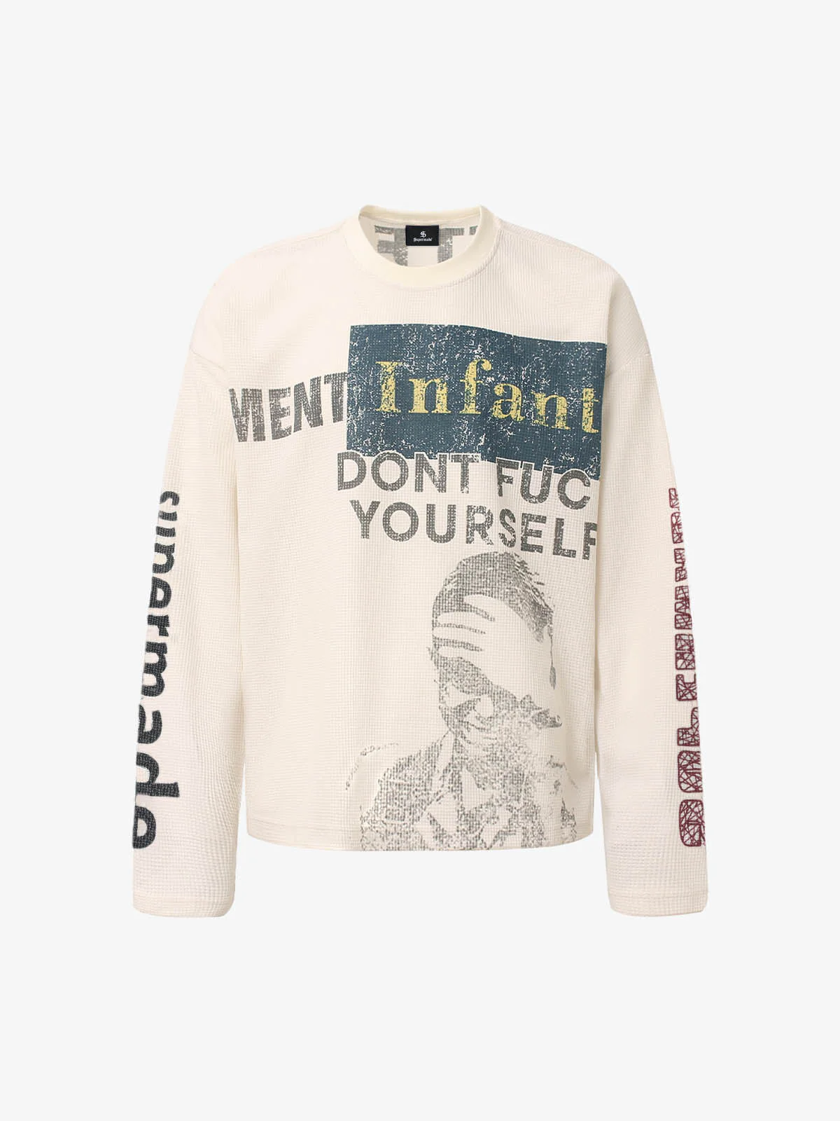Waffle Knit Graphic Print Crewneck Sweatshirt - 2496 - Image 3