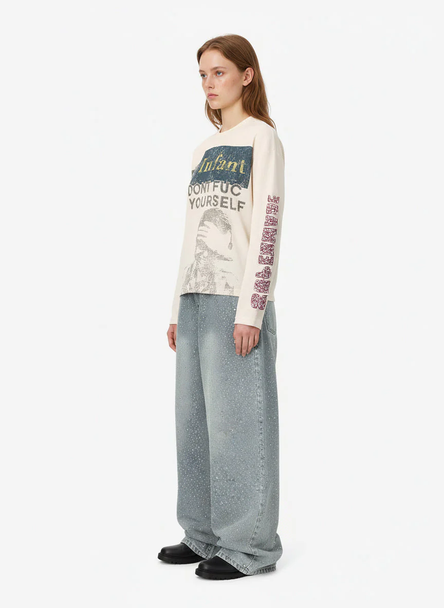 Waffle Knit Graphic Print Crewneck Sweatshirt - 2496 - Image 4