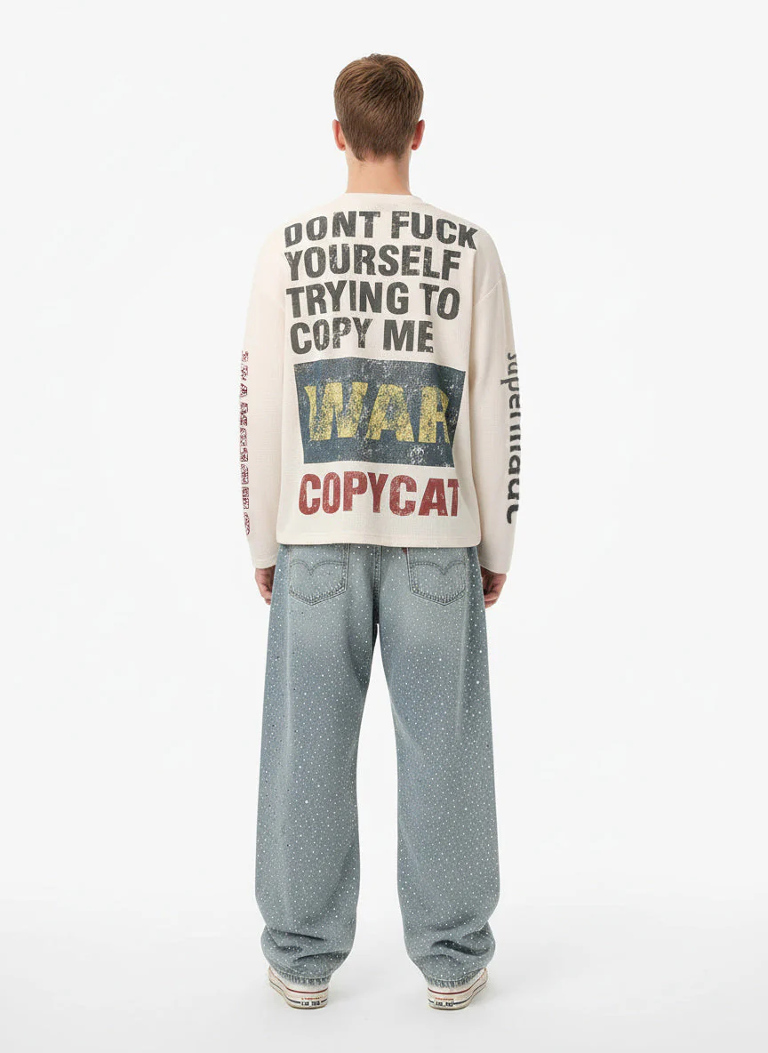 Waffle Knit Graphic Print Crewneck Sweatshirt - 2496 - Image 6
