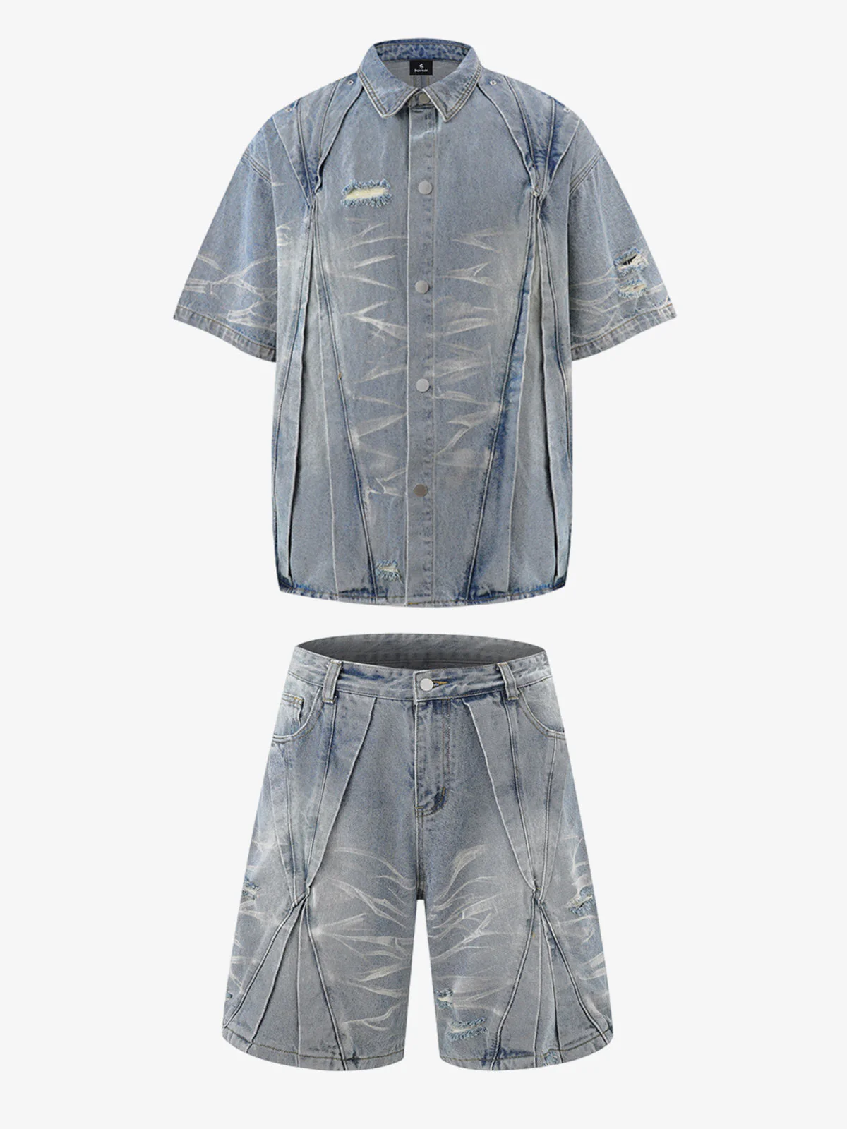 Washed Black Branch Print Deconstructed Denim Set - Image 2