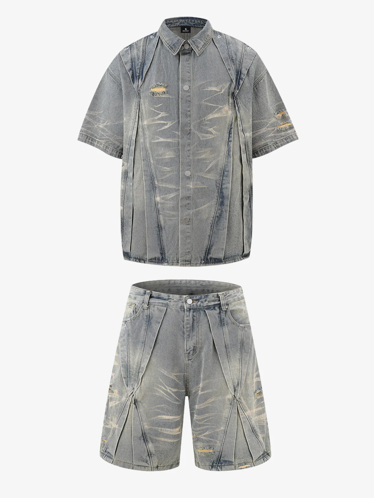 Washed Black Branch Print Deconstructed Denim Set - Image 3