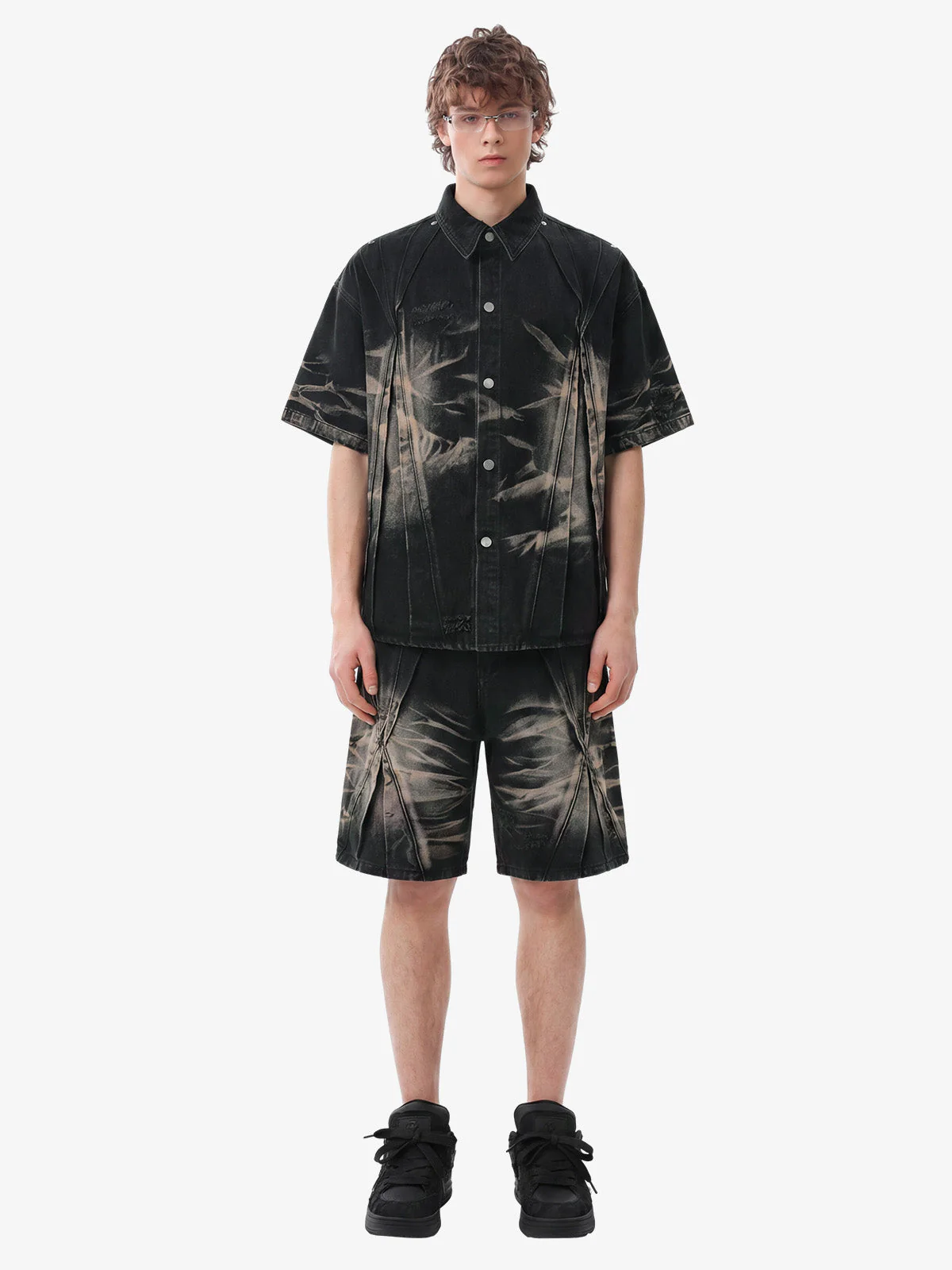 Washed Black Branch Print Deconstructed Denim Set - Image 4