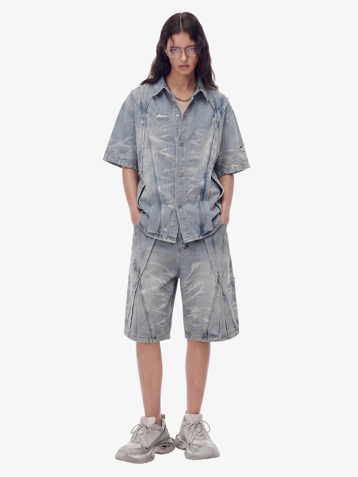 Washed Black Branch Print Deconstructed Denim Set - Image 7