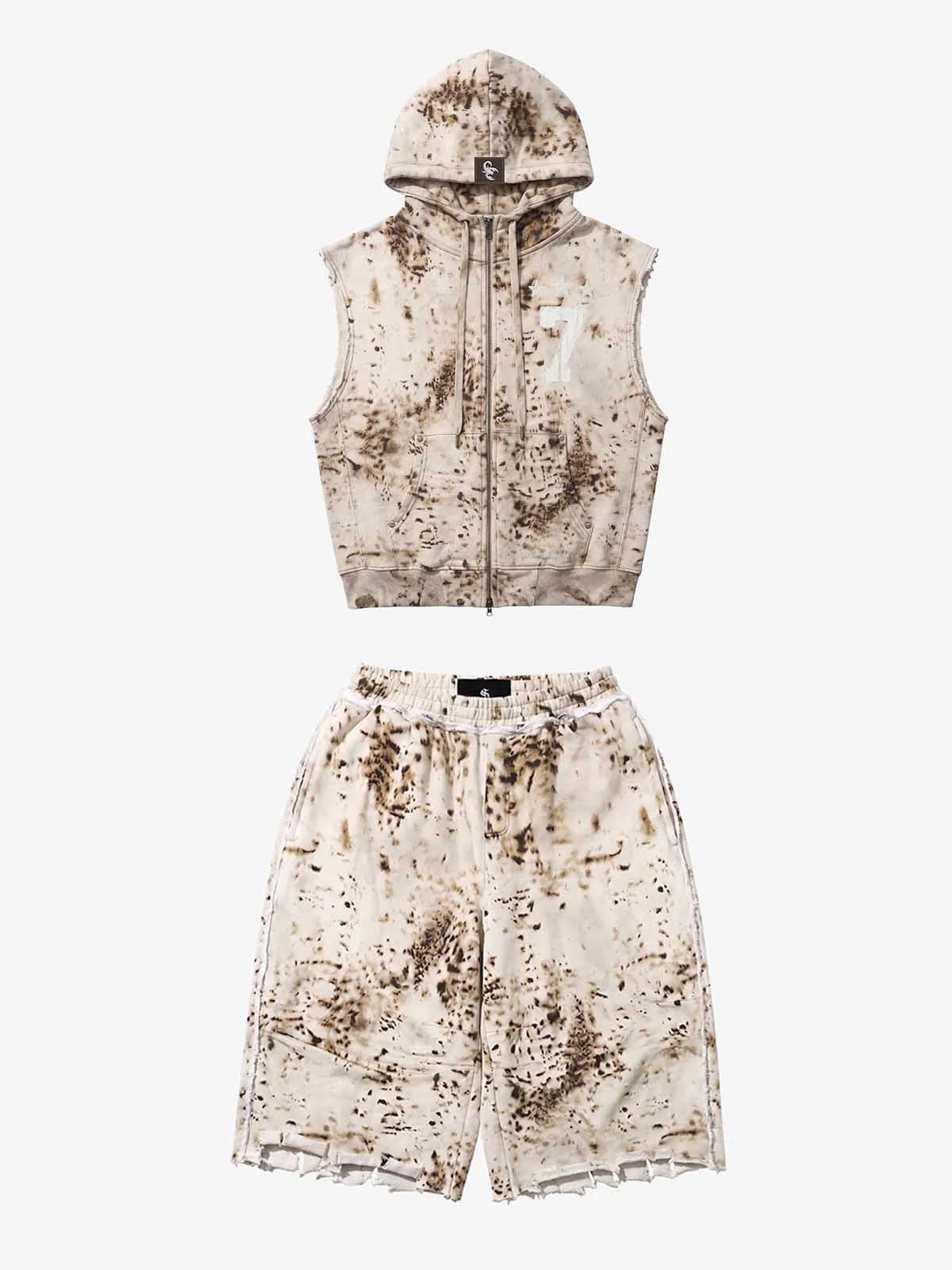 Washed Distressed Irregular Leopard Sleeveless Hooded Vest Set