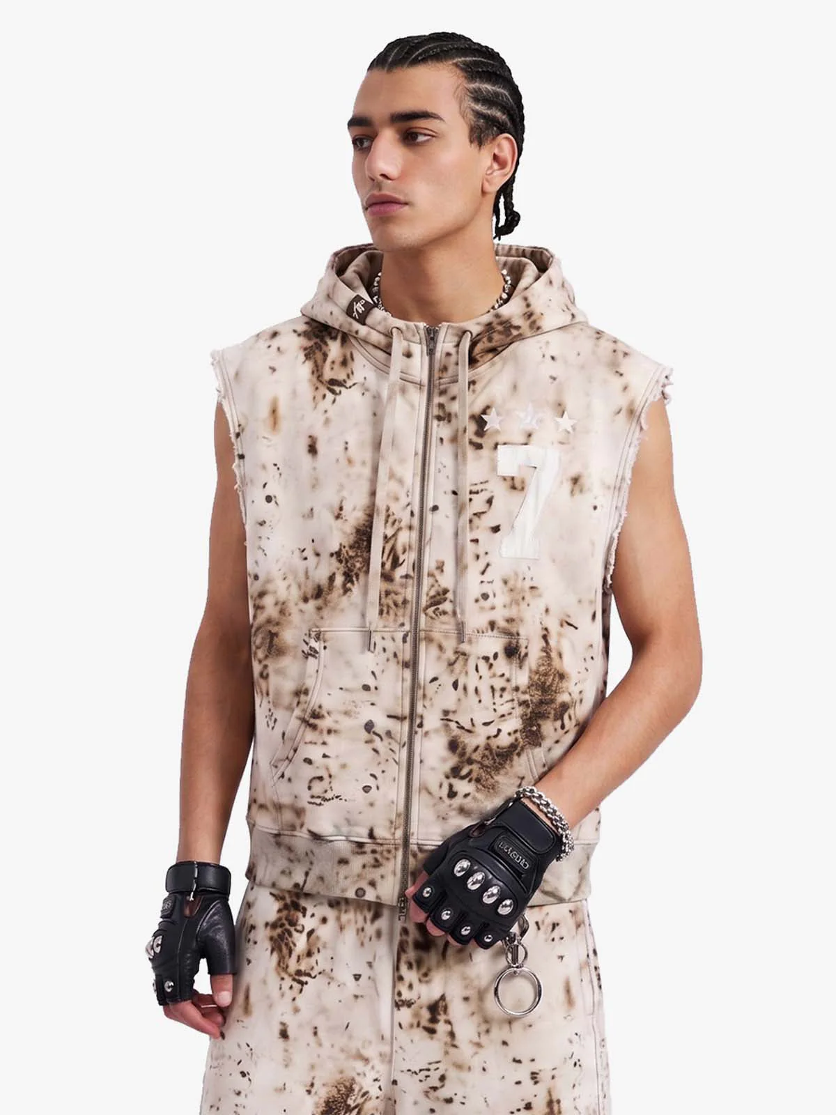 Washed Distressed Irregular Leopard Sleeveless Hooded Vest Set - Image 3