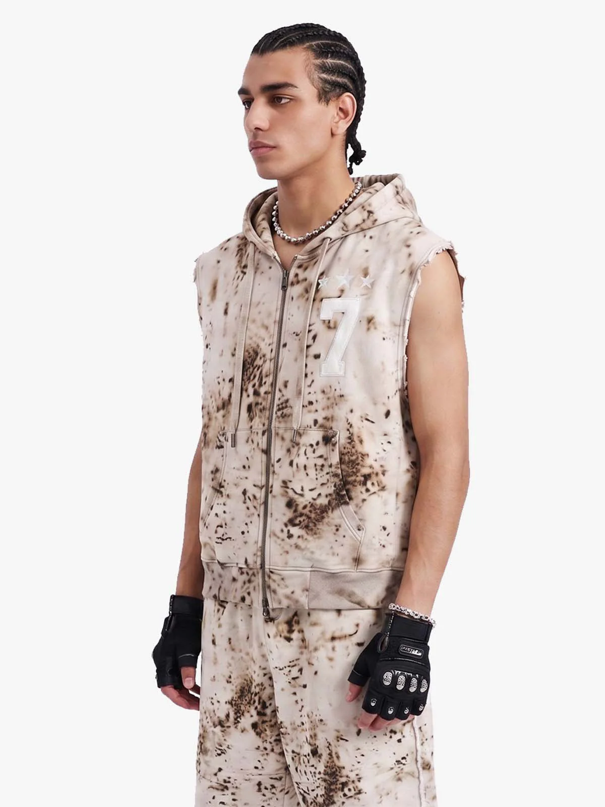 Washed Distressed Irregular Leopard Sleeveless Hooded Vest Set - Image 4