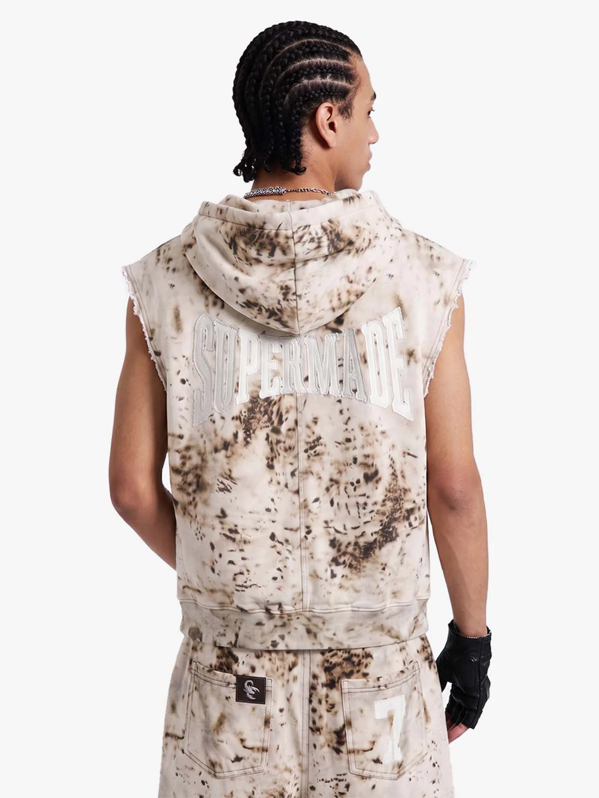 Washed Distressed Irregular Leopard Sleeveless Hooded Vest Set - Image 5