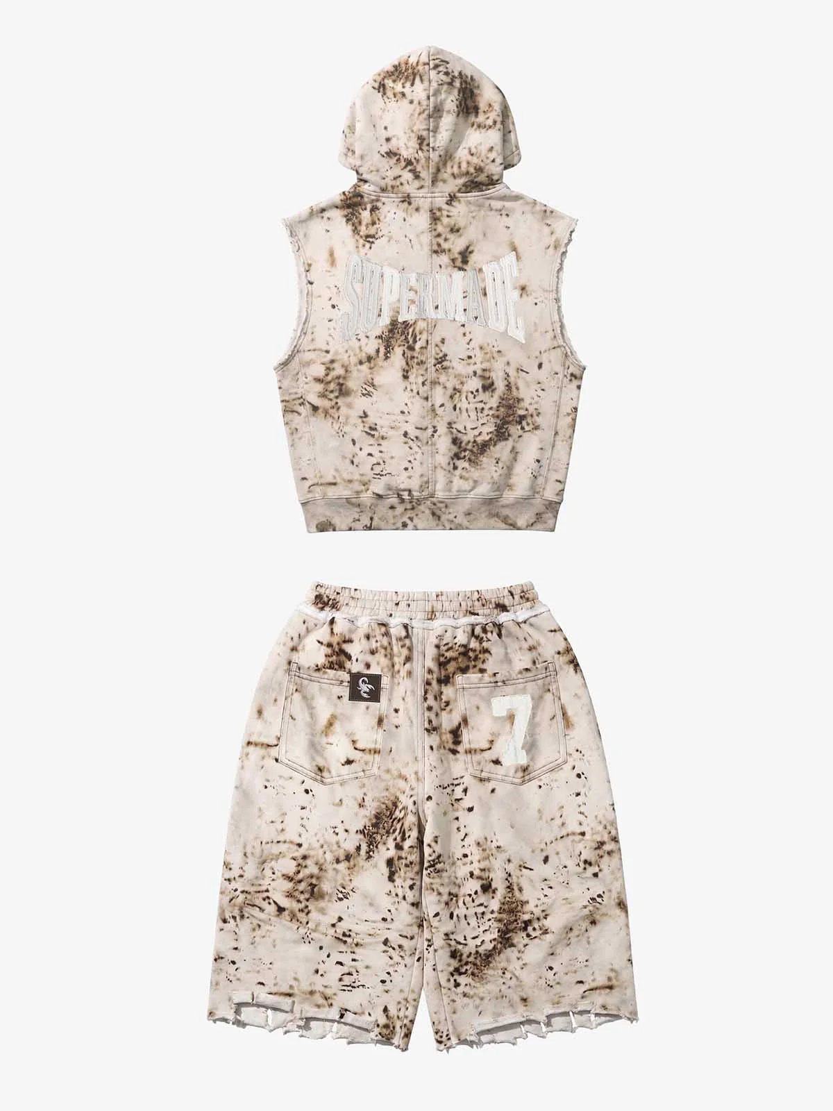 Washed Distressed Irregular Leopard Sleeveless Hooded Vest Set - Image 6