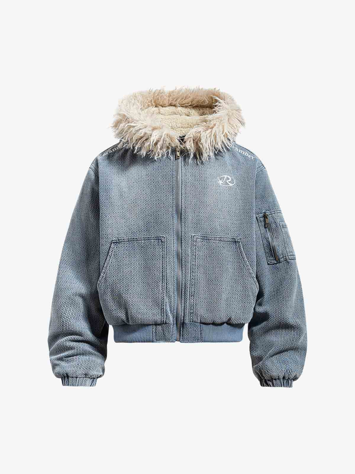 Washed Embroidered Fur-Lined Denim Bomber Jacket - Image 2