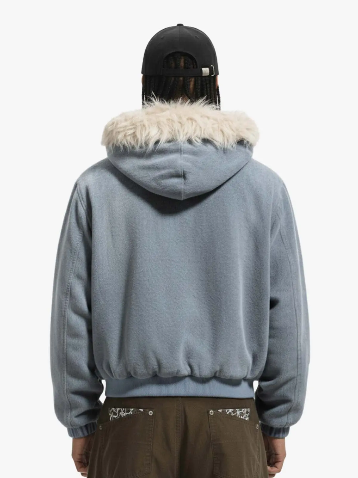 Washed Embroidered Fur-Lined Denim Bomber Jacket - Image 3