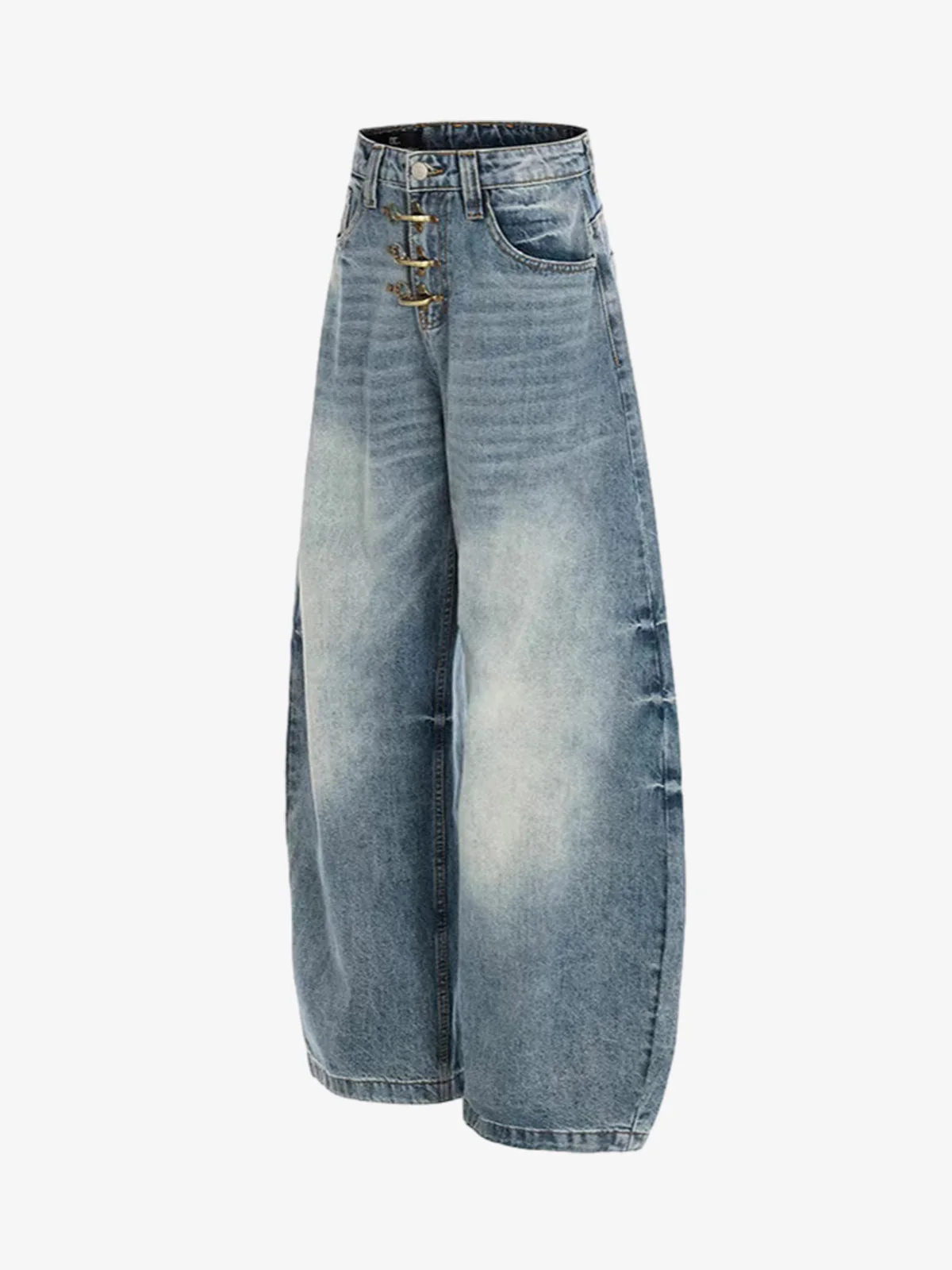 Washed Metal Hook Front Design Barrel Jeans - Image 3