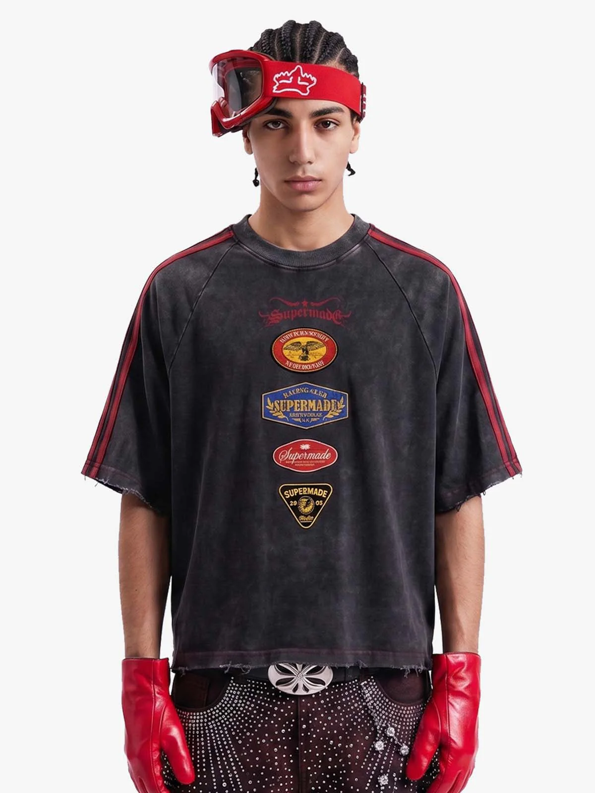 Washed Moto Graphic Distressed Raglan T-Shirt