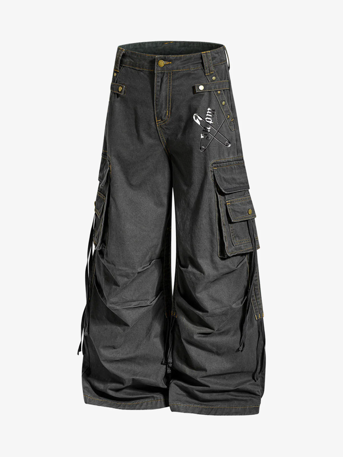 Washed Safety Pin Graphic Cargo Pants - Image 20