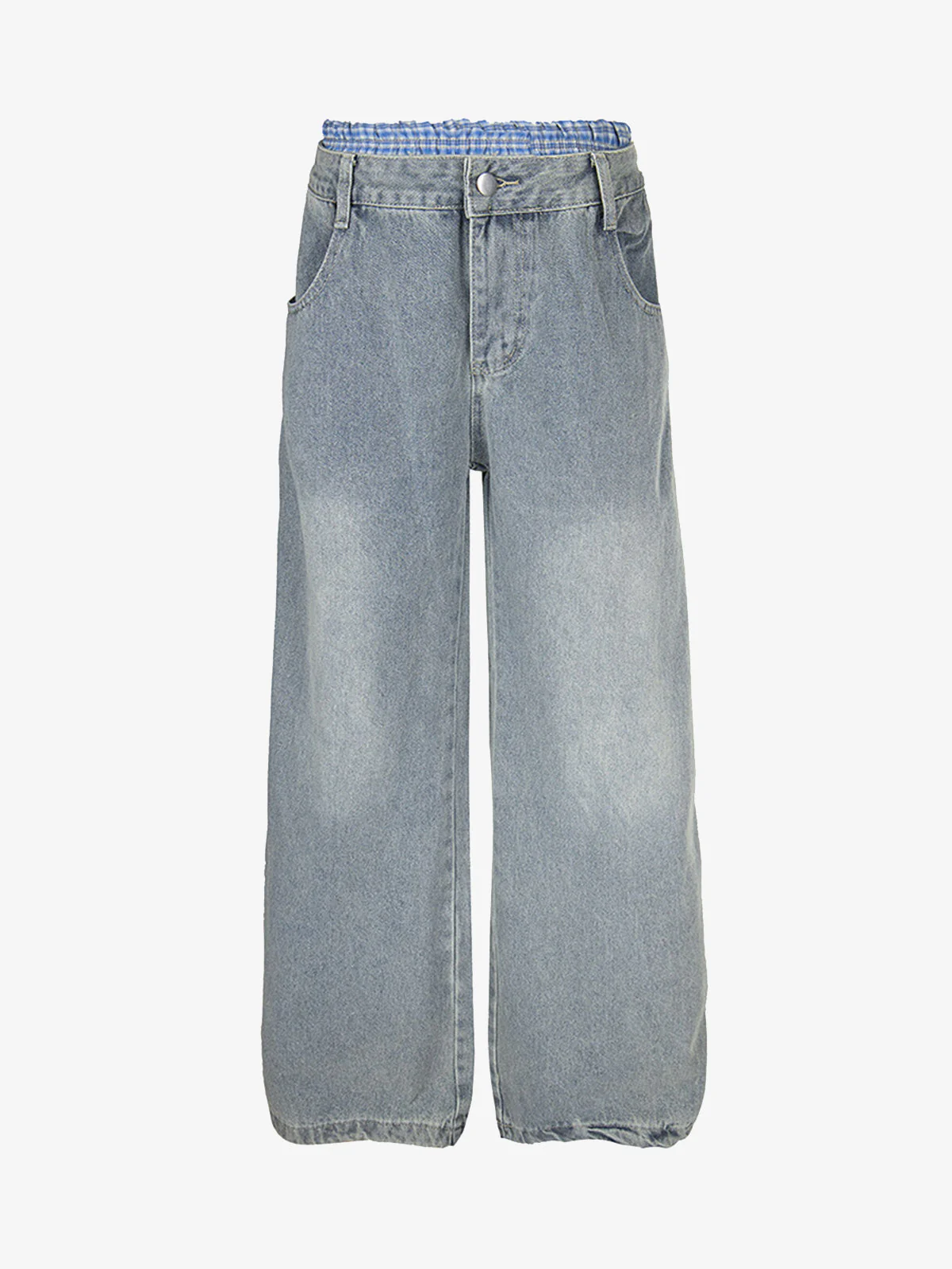 Plaid Double Waist Baggy Jeans - 2505