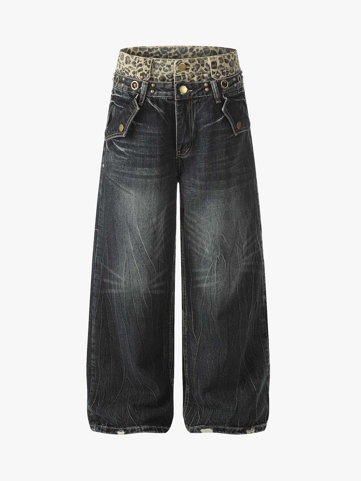 Y2K Double Waistband Leopard Print Wide Leg Jeans - Image 2